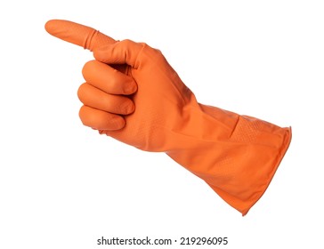 Hand With Orange Rubber Glove Is Pointing On Isolated On White Background