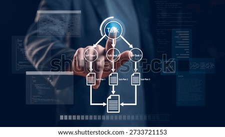 Hand orchestrating complex task workflow using multi agent systems architecture. AI reasoning, planning, sub task management for enterprise automation, hybrid intelligence solutions. AI driven SaaS