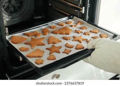 Hand in oven mitts holding tray with fresh baked gingerbread cookies in christmas festive shapes in modern white kitchen. Making christmas gingerbread cookies - Powered by Shutterstock