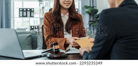Hand over banknotes, Bribery of female asia japanese chinese lawyer people earn dollars after winning a lawsuit. extorting money from clients in legal cases