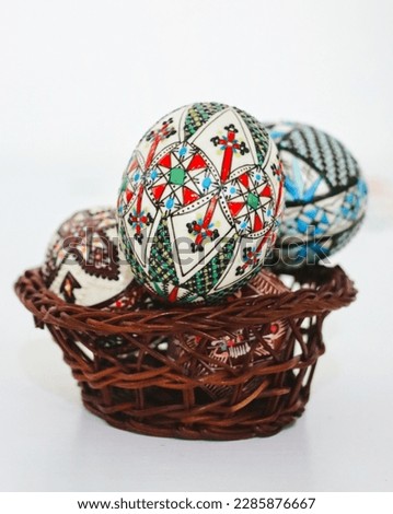 Hand painted Easter eggs. Traditional Easter decorations made by folk craftsmen from Bucovina, Romania. Painted Easter models, the sign of the cross and. Bunny decoration. Happy Easter