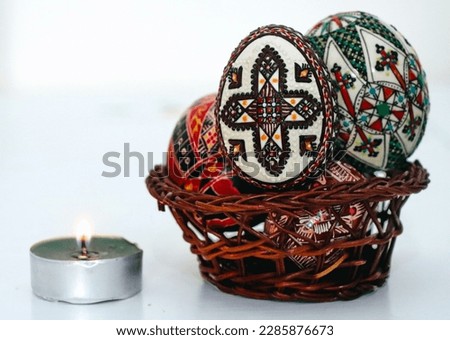 Hand painted Easter eggs. Traditional Easter decorations made by folk craftsmen from Bucovina, Romania. Painted Easter models, the sign of the cross and. Bunny decoration. Happy Easter