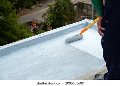 Hand painted gray flooring with paint rollers for waterproof, reinforcing net,Repairing waterproofing deck flooring. roof, floor. 