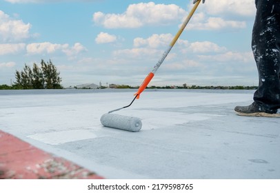 Hand painted gray flooring with paint rollers for waterproof, reinforcing net,Repairing waterproofing deck flooring. roof,