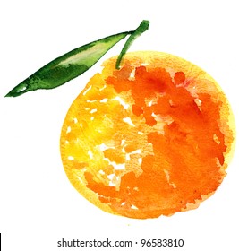 Hand Painted Illustration Of Orange Fruit.  Watercolor Drawing Red Citrus With Leaf. Paintings Of Organic Food. Fresh Exotic Fruit.