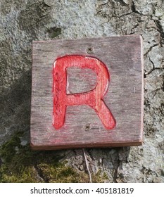 Hand Painted Letter "R" on a Wooden Plaque on the Coast at Abbotsham in North Devon, England, UK