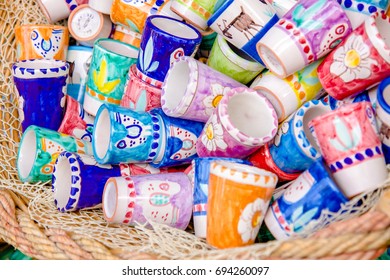 Hand Painted Souvenir Cups For Limoncello On Sale. Amalfi Coast, Italy