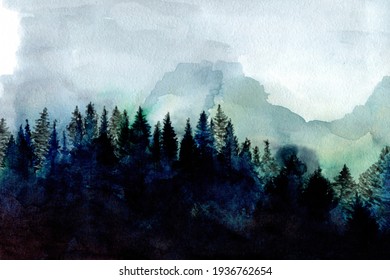Hand painted watercolor forest, nordic minimalist style - Shutterstock ID 1936762654