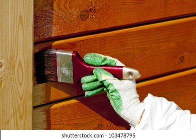 hand painting wooden wall with a paintbrush  in orange outdoor shot