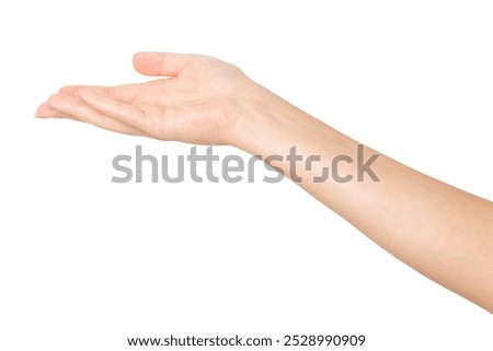 Hand with palm facing up on an empty background. Offering gesture, openness, invitation.
