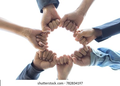 Hand Partnership Team Giving Fist Bump After Complete Deal On White Background