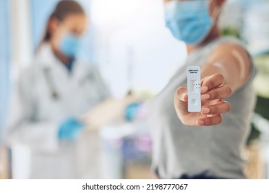 Hand With Pcr Covid Test At Hospital, Sick Patient Doing Virus Consultation With Doctor At Hospital And Consulting With Healthcare Worker At Clinic. Woman With Professional Corona Exam Results