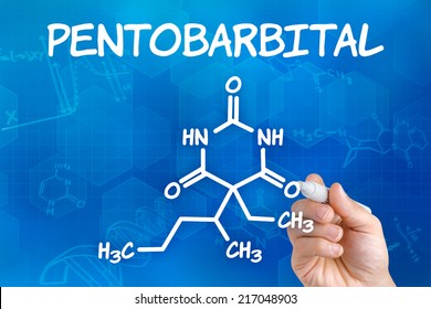 Hand With Pen Drawing The Chemical Formula Of Pentobarbital