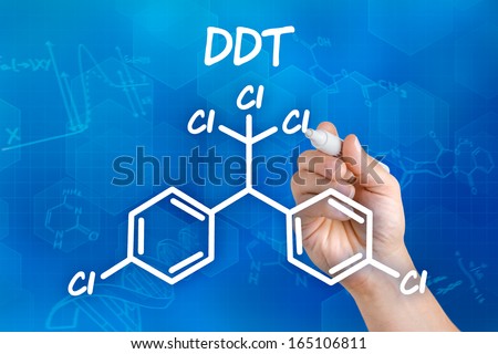 Hand with pen drawing the chemical formula of DDT