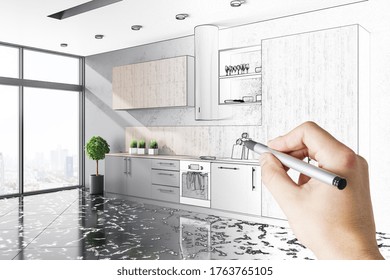 Hand With Pen Drawing Loft Kitchen Interior With Furniture And Sunlight. Design And Style Concept. 3d Rendering