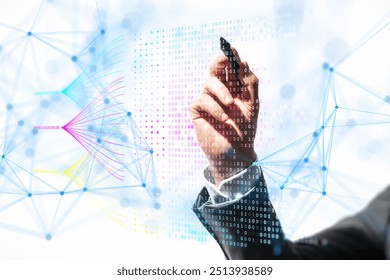 Hand with pen drawing on a virtual screen with binary code and colorful data nodes, surrounded by a digital network on a white background. Concept of big data analysis and digital technology - Powered by Shutterstock - Get 15% off with code: PIKWIZARD15