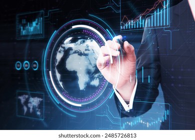 A hand with a pen interacting with futuristic digital interfaces, displaying global data and statistics on a dark background, concept of technology