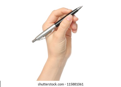 Hand With Pen On White Background