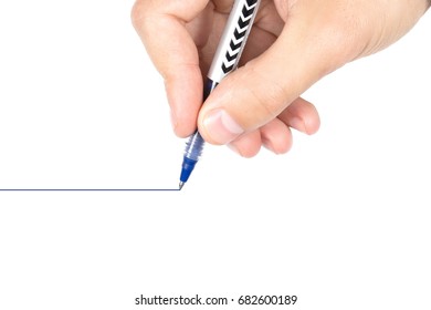 Hand With Pen Writing Straight Line Isolated On White Background