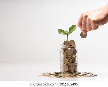 Hand Of Person Holding Coin To Put In Glass Jar. Turkish Coins In Jars. Plants In Jar And Turkish 1 TL Coins Savings And Finance Concept.