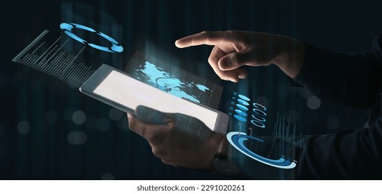 Hand of person, tablet or hologram of digital, information technology, data analytics or global statistics. Futuristic, man or user typing on holographic iot dashboard overlay for networking at night - Powered by Shutterstock - Get 15% off with code: PIKWIZARD15