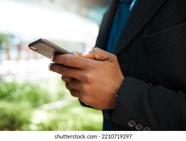 Hand, Phone And Search With 5g Mobile App For Social Media, Text Or Message With Black Man. Online, Internet And Web With Zoom In Hands Of Businessman Scrolling Technology, Communication And Contact