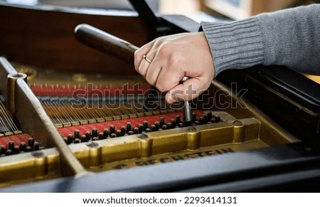 Hand of Pianotuner at Work. Close-up of the hand of a pianotuner using a tool to tune a grand piano.