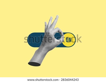 Hand pinching an ON toggle switch, representing activation, control and enabling a function.