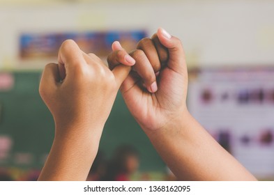 Hand To Pinky Swear,Happy Couple Or Friendship Holding Hands Together Forever Love Concept.