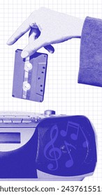 Hand placing cassette tape into boombox, monochrome with musical notes. Advertising visual for a retro music themed event. Concept of music, festival, creativity, retro, vintage. Creative design