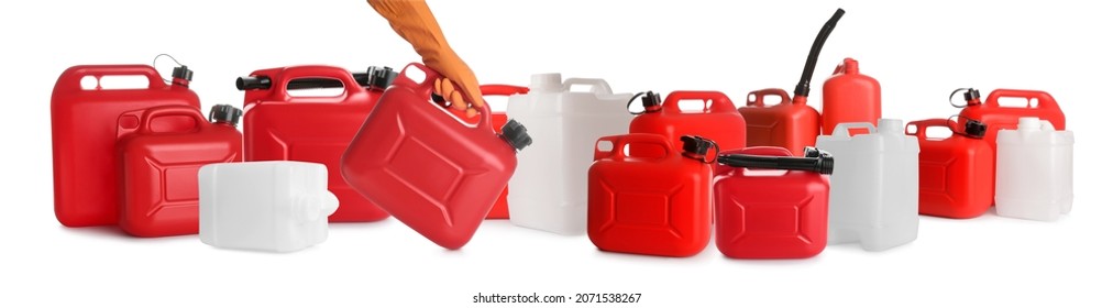 Hand with plastic jerrycans on white background
