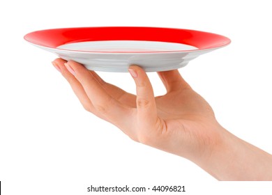 Hand with plate isolated on white background
