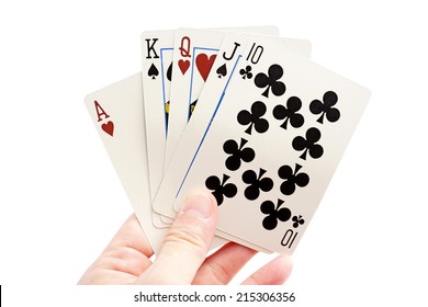 Hand with playing cards, isolate on white background