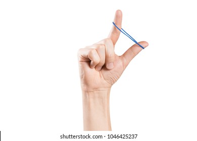 Hand playing with elastic hair band, isolated on white background