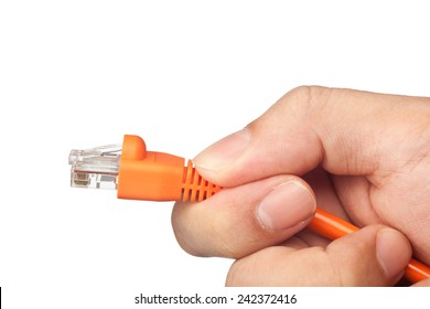 Hand Plugging A Category 5 Network Cable Isolated On White Background 