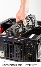 Hand Plugging A Video Card While Maintenance Personal Computer Hardware With Selective Focus