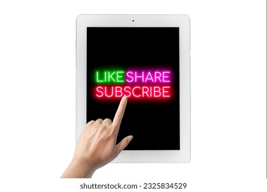 Hand point on a button of like, share, or subscribe on a taplet mobile, in a cafe. - Powered by Shutterstock