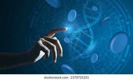 Hand point and touch DNA.Healthcare and medical icon pattern innovation digital technology technology background. Medical, science and technology concepts. Abstract futuristic design. - Powered by Shutterstock