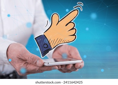 Hand pointer concept above a smartphone held by hands