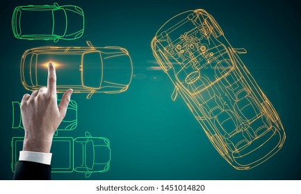 Hand pointing at abstract digital blue car design blueprint on gradient background. Engineering and modern concept. - Powered by Shutterstock