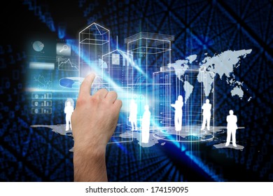 Hand pointing against futuristic black background with binary code