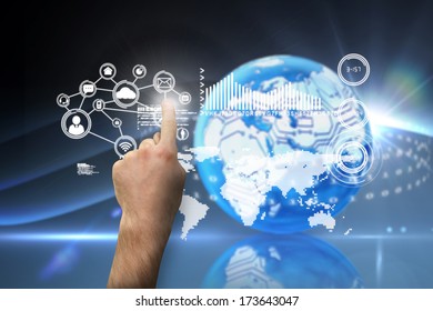 Hand pointing against wave on futuristic background