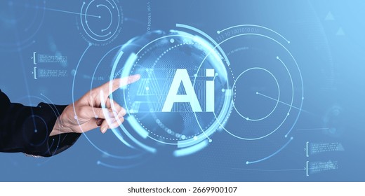 Hand pointing at AI interface surrounded by futuristic HUD graphics on blue background, concept of artificial intelligence and digital transformation