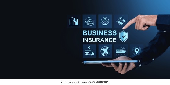 Hand pointing at business insurance icons on digital interface, modern style, dark gradient background, concept of corporate financial protection