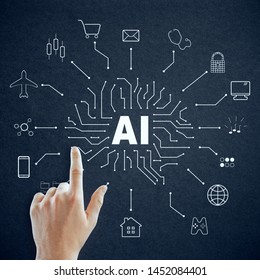 Hand pointing at creative AI sketch on dark background. Artificial intelligence and technology concept 