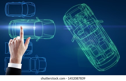 Hand pointing at creative digital blue car design blueprint on gradient background. Engineering and technology concept. - Powered by Shutterstock