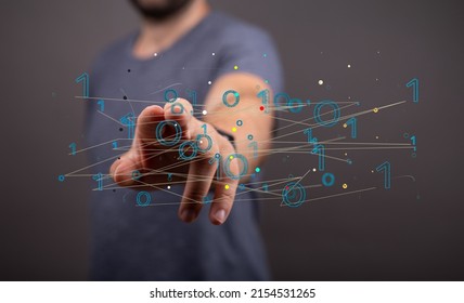 A hand pointing to digital binary codes - the concept of lines and futuristic data flow 3D rendering