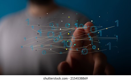 A hand pointing to digital binary codes - the concept of lines and futuristic data flow 3D rendering