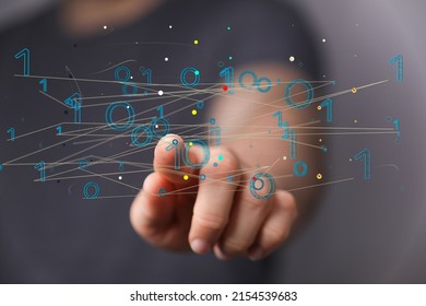 A hand pointing to digital binary codes - the concept of lines and futuristic data flow 3D rendering