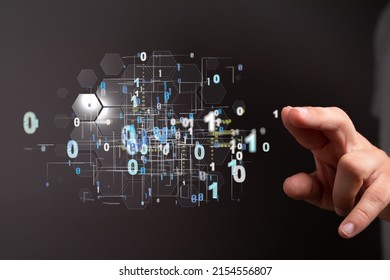 A hand pointing to digital binary codes - the concept of lines and futuristic data flow 3D rendering